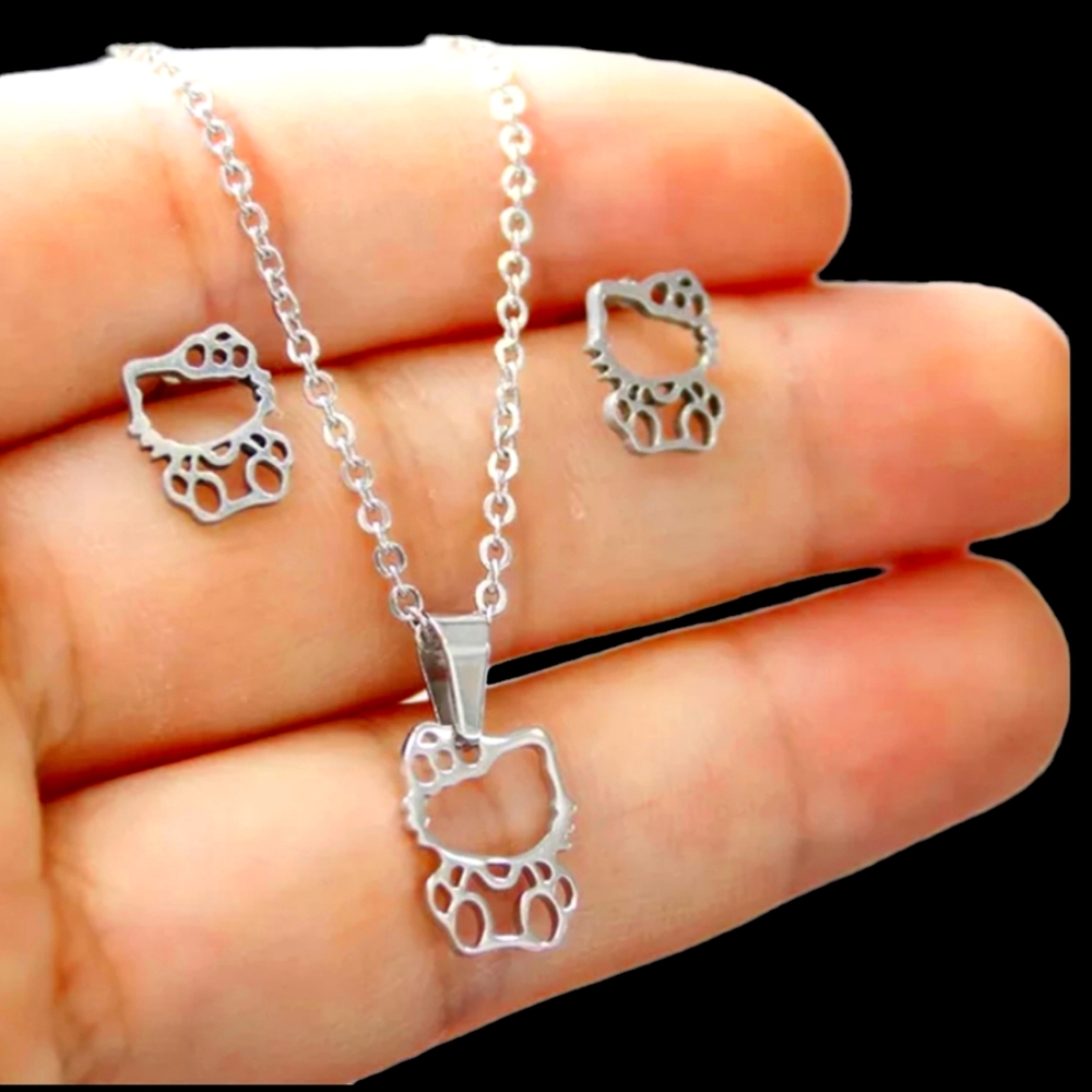 Hello Kitty necklace and Earrings Set, Stainless Steel